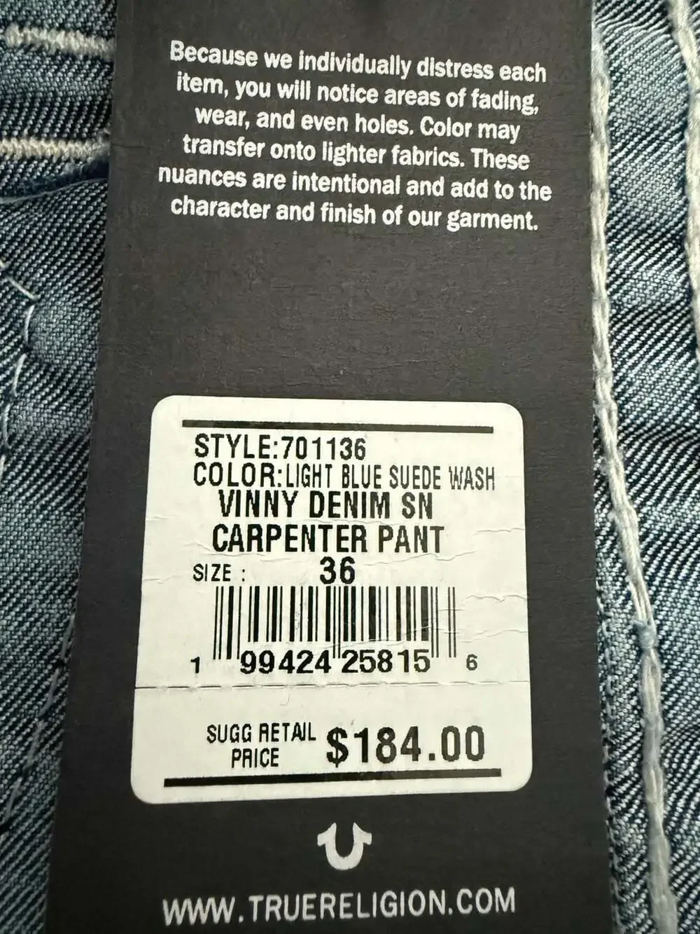 True Religion Vinny Denim SN Carpenter Pant, Light Blue Suede Wash, Size 36
